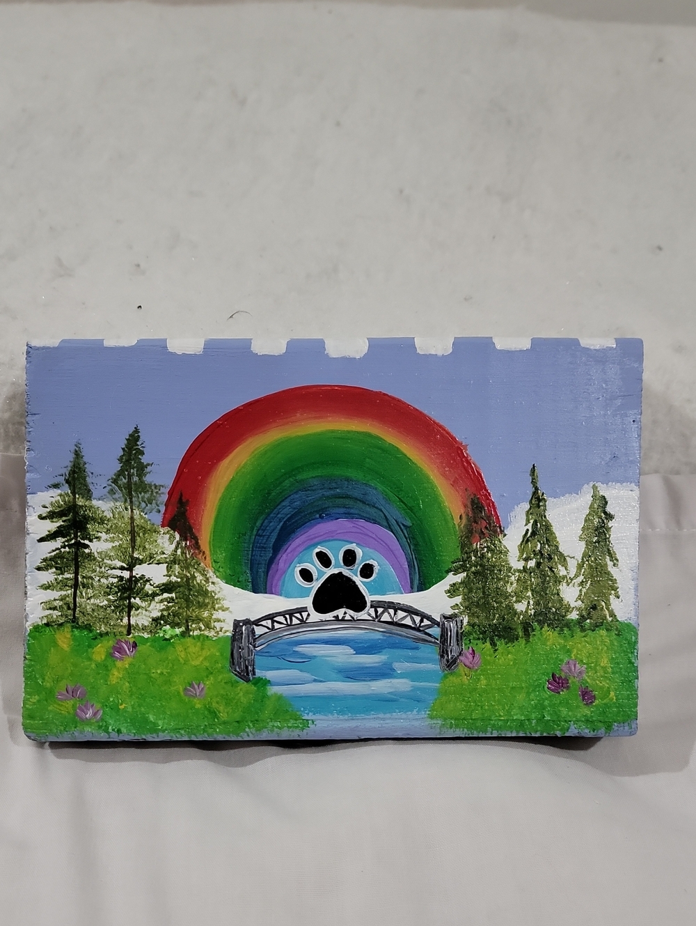 Hand-Painted Rainbow Bridge Paw Print Landscape Wall Accent - Multicolor